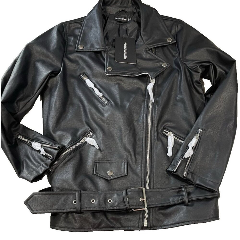 Pretty Little Things Faux Leather Jacket Womens S sz 4 Black Silver Accent Biker